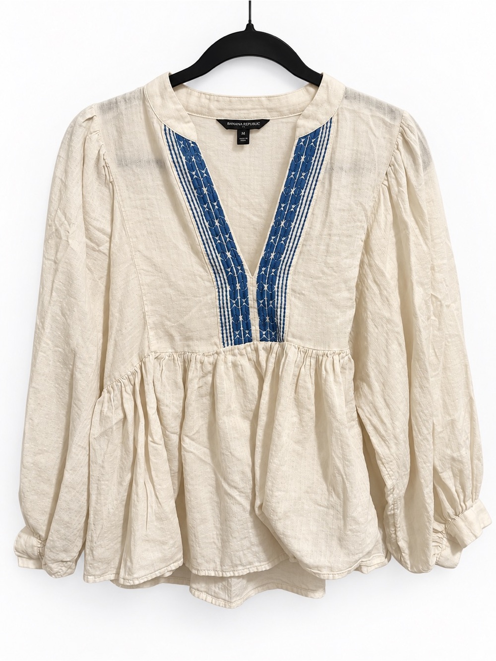 Banana Republic Embroidered Cream Blue Peplum Blouse Medium